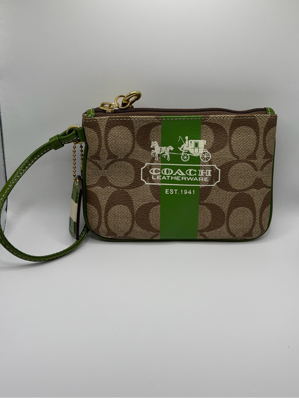 Coach Brown Green Logo Wristlet Wallet for Women with Strap and Zipper